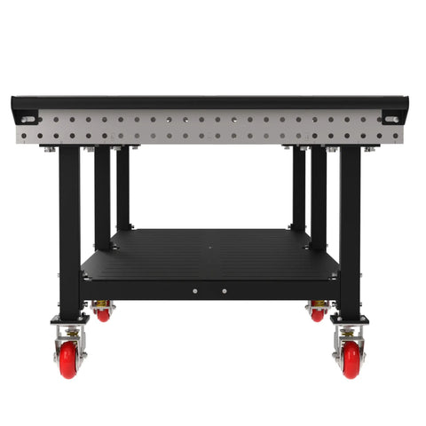 Robust Welding Fixture Workbench With Spacious Bottom Shelf And Easy Roll Handle features laser cut grid and locking casters.