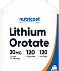 Bottle of Lithium Orotate 20mg Capsules, 120 Count, Vegan Gluten Free Non GMO, Natural Trace Mineral For Mood Support, Calm Focus