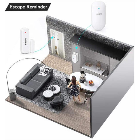 Wireless Door Alert Chime For Home And Business, Real Time Door Open Notifications, Instant Entry Alerts, No-Fuss Setup, Keeps Your Property Safe With 24/7 Peace Of Mind And Quick Door Alerts At Every Entrance. Escape reminder sensor set in a home interior.