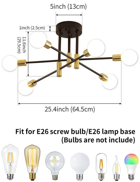 Sputnik Chandelier Modern Pendant Light Fixture In Black And Gold With Adjustable Arms for diverse bulb fitting options.