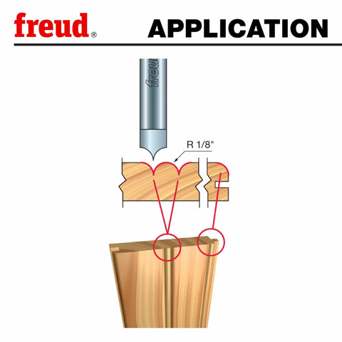 Diagram showing One Eighth Inch Radius Beadboard Router Bit System with One Quarter Inch Shank application on wood panels.