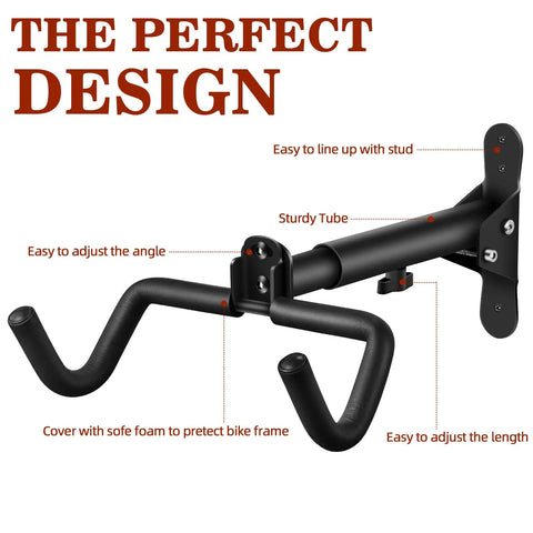 Adjustable Bike Wall Mount Rack For Garage Storage Horizontal Bike Hanger with labeled features and adjustable arms.