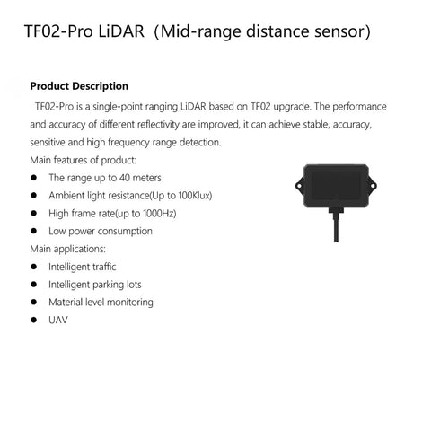TF02 Pro LiDAR Sensor For Drones And Smart Traffic Systems, IP65 Weatherproof Rangefinder in black casing, front view