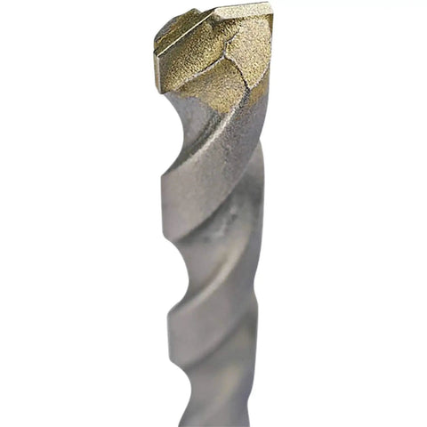 Close-up of carbide-tipped percussion masonry hammer drill bit 5/16 x 6 in, showing wide roll-forged flutes and carbide tip.