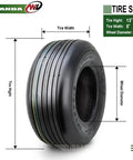 Set Of 2 13x5.00-6 Rib Turf Tires For Lawn Mowers And Utility Carts, 4 Ply Tubeless, showing dimensions and smooth rib design