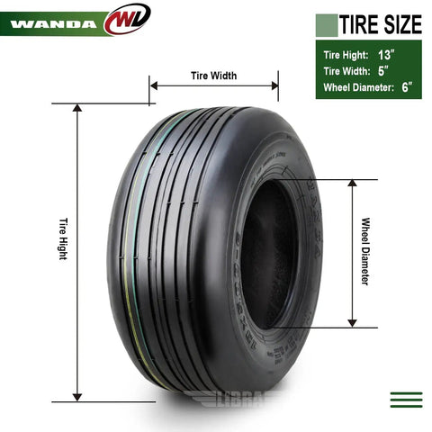 Set Of 2 13x5.00-6 Rib Turf Tires For Lawn Mowers And Utility Carts, 4 Ply Tubeless, showing dimensions and smooth rib design