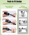 15 Piece Quick Connect Drip Irrigation Coupling Set showing push-to-fit design for 1/4 inch tubing comparison with old style setup.