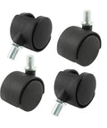 Slick Rolling Two Inch Twin Wheel Swivel Casters With M10 Threaded Nylon Stem Hella Tough Easy Swap For Tool Carts Office Chairs And Project Tables Black Set Of Four set of four black twin wheel casters.