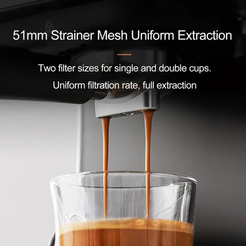 Next Level Counter Slick Semi Automatic Espresso Machine Featuring Precision Temperature Control And Pro Milk Frothing Steam Wand Pumps Out Crisp Brews For Your Daily Grind with 51mm strainer mesh extracting espresso.