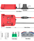 Two Pack Milwaukee 18V Battery Compatible Power Wheel Adapter Kit dimensions and components including wire lengths and connectors