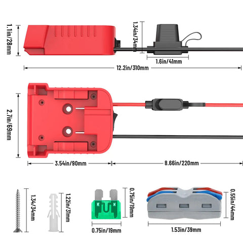 Two Pack Milwaukee 18V Battery Compatible Power Wheel Adapter Kit dimensions and components including wire lengths and connectors