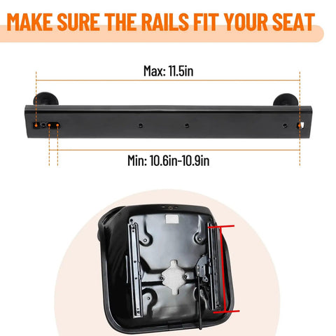 Universal Go Kart Seat Slider Kit With Hardware for Bucket Seats, easy install, side view of rails showing max and min dimensions.