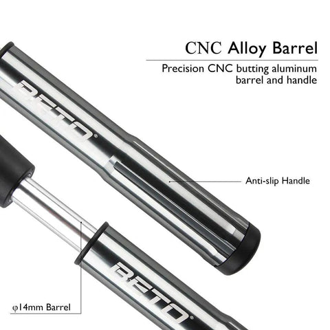 Close-up of aluminum alloy barrel and anti-slip handle of High Pressure MTB Tire And Shock Pump 300 PSI For Rear Shock And Suspension Fork.