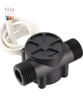 G1/2 Hall Effect Water Flow Sensor Switch Flowmeter DC 5V 1-30 L/min Black YF-S201 with nylon body and stainless steel shaft.