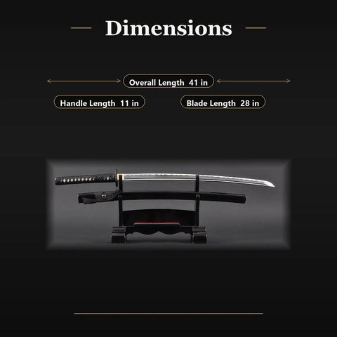 Katana Iaito Aluminum Alloy Training Sword For Iaido Practice, unsharpened, 28 inch blade, full tang, on stand with dimensions
