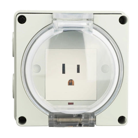 Rugged Boss Grade Outdoor Electrical Outlet Weatherproof IP66 3 Prong Power Socket with clear splash proof cover.