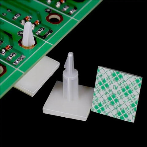 High Tack Adhesive PCB Standoffs With Snap Lock Posts For Circuit Boards, heavy-duty nylon posts and adhesive pads displayed on PCB.