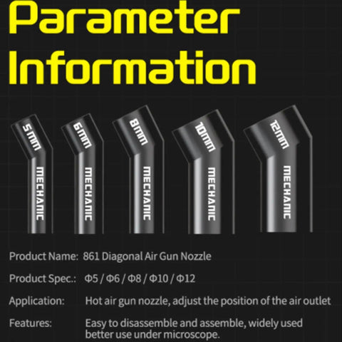Diagonal Hot Air Gun Nozzle Kit Set With Five Sizes 5mm 6mm 8mm 10mm 12mm product specifications and features.