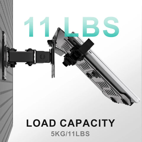 Ultra Top Notch Articulating Pegboard Mount For Laptops And Computer Screens Featuring Ventilated Trays, showing load capacity of 11 lbs.
