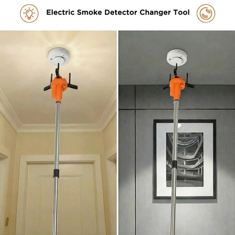 Zero Sweat Electric Smoke Detector Swap Tool Featuring Radio Controlled Expandable Silicone Grips And Adjustable Telescoping Handle in use on ceiling.