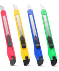 Four-pack retractable box cutters in pink, yellow, blue, and green with black grips