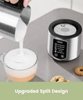 5 In 1 Stainless Steel Milk Frother And Steamer For Hot Or Cold Froth Pro Grade Latte Cappuccino Macchiato And Hot Chocolate Maker Auto Shutoff Anti Dry Burn Protection Easy To Clean Durable Kitchen Barista Tool with milk being poured into a glass mug.