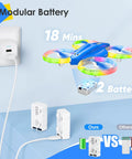 LED Light Kids Drone For Indoor Flight With Easy To Fly RC Fun And 360 Flip Two Batteries Included next to charging station