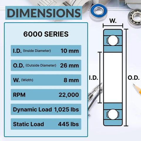 6000 ZZ Sealed Ball Bearing Set Built To Take A Beating Lubricated Chrome Steel 10x26x8mm With Metal Shield dimensions chart