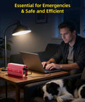 Man using laptop powered by 500W Pure Sine Wave Power Inverter With PD30W And QC18W Power Up 12V DC To 110V AC for Solar RV Truck