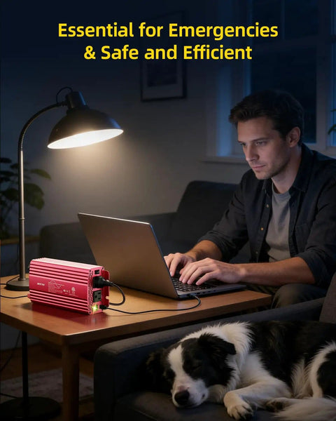 Man using laptop powered by 500W Pure Sine Wave Power Inverter With PD30W And QC18W Power Up 12V DC To 110V AC for Solar RV Truck