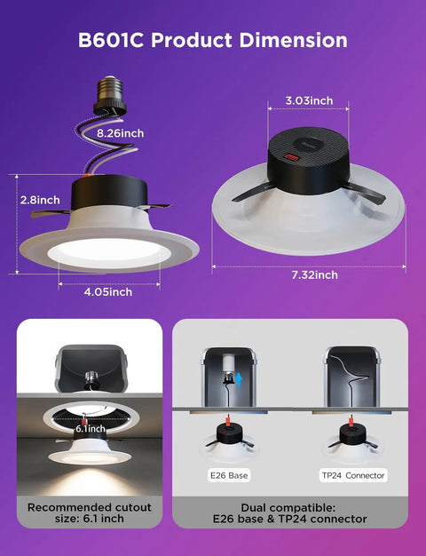 B601C product dimensions for Slick Six Inch Smart Retrofit Recessed Can Lights With Wifi Direct Connect Pushing One Thousand Lumens Fully Dimmable Led Downlights Matching Any Vibe And Hooking Up Smoothly With Voice Controls For Straight Up Clean Setup Six Pack.