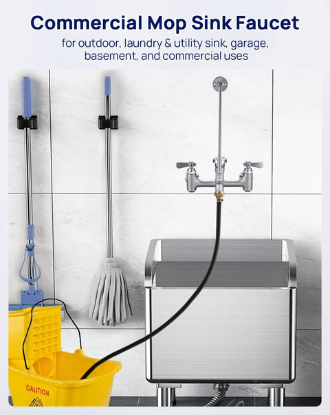 Heavy Duty Wall Mount Mop Sink Faucet With Vacuum Breaker Eight Inch Center Three Quarter Inch Hose Thread Commercial Spigot