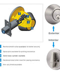 Diagram of Two Keyed Alike Single Cylinder Deadbolts Door Locks In Satin Nickel 2 Pack with features labeled, exterior and interior view shown