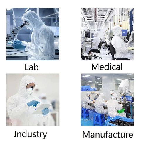 Professionals in lab, medical, and industrial settings wearing Six Pack Disposable Protective Coveralls For Painting And Work White Lightweight SMS Material Breathable Painters Suit Comfortable Fit From M To XXL Sizes.