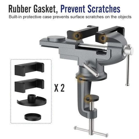 All-Purpose Table Vise With 3 Inch Jaw Opening And 360 Degree Swivel Base, Heavy Duty Bench Clamp For Woodworking And Metalworking, Thickened 0.2 Inch Jaw For Superior Grip, Fits Most Workbenches And Tables. Table vise with rubber gasket jaw covers and mounting accessories