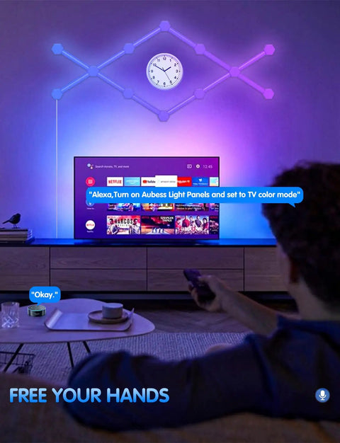 RGBW LED Wall Light Panels With WiFi Control Hexagon And Line Kit in gaming room setup above TV with clock