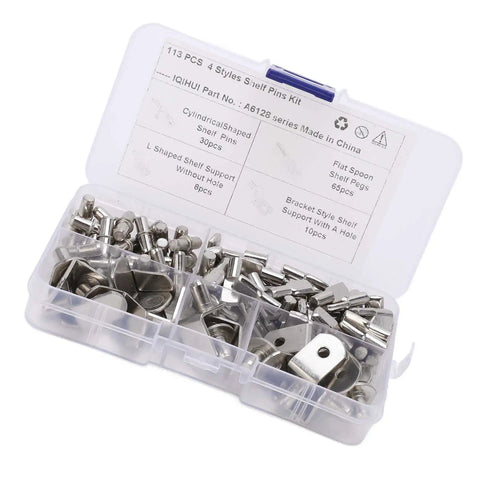 113 Piece Shelf Pins Kit With Four Styles L Shaped And Cylindrical Plated Pegs 5mm Hole, open box view