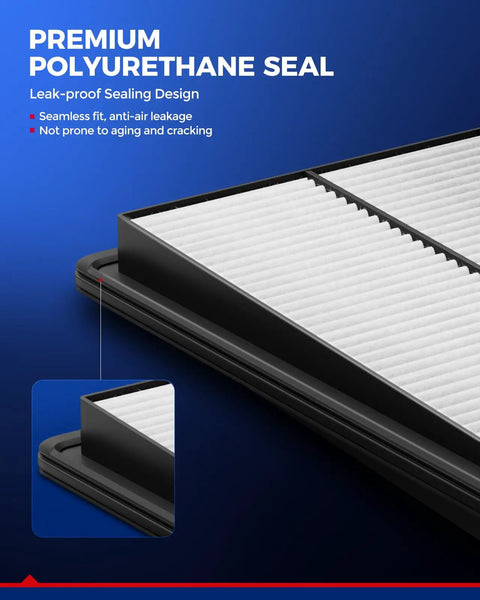 Close-up of Subaru 2 In 1 Engine And Cabin Air Filter Kit with polyurethane seal and anti-leakage design.