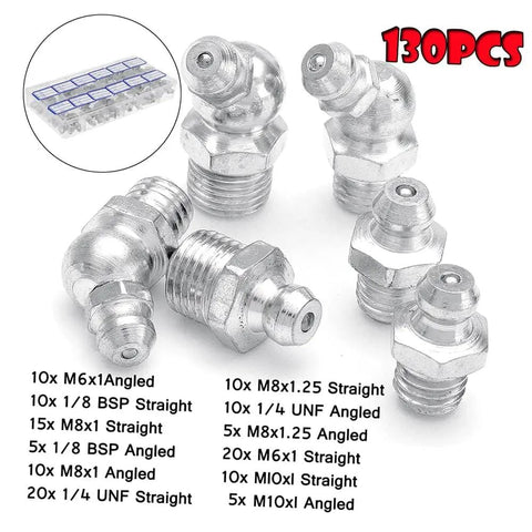 130 Piece Grease Fittings Kit With Zerk Fittings Tough Galvanized Metal Hydraulic Zerk Set and storage box shown