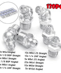 130 Piece Grease Nipple Assortment Kit with Galvanized Metal Hydraulic Fittings in various sizes and angles displayed