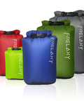 Ultralight Dry Bag Set 5 Pack Waterproof Dry Sacks in various colors and sizes 3L to 20L for hiking, camping, and kayaking use.