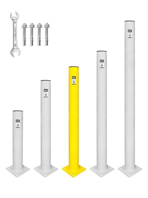 Heavy Duty Steel Bollards 42 Inches Tall With Yellow Black Reflective Tape And Concrete Fillable Core For Bulletproof Garage Boundary Shield And No Sweat Outdoor Install Kit with assembly tools