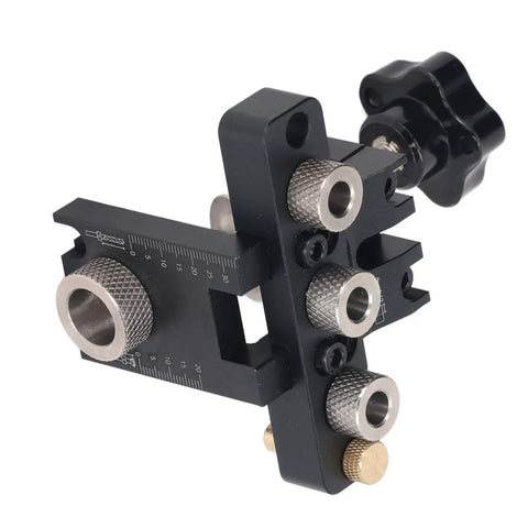 Heavy-Duty Doweling Jig Drill Kit With Adjustable Depth Locator And Three Pro Bits For Slick Woodworking Jobs showing precision aluminum build.