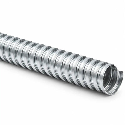 Heavy Duty Encased Galvanized Steel Flexible Electrical Conduit Three Eighth Inch Size Of 100 Feet showing a section of flexible metal tubing.