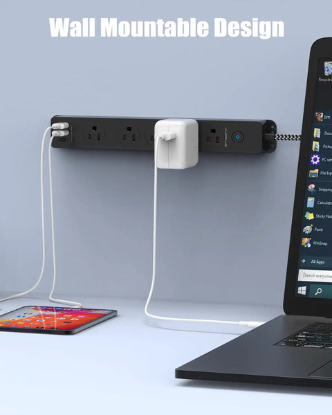 Surge Protector Power Strip With USB C Ports, 5 Outlets And 3 USB Ports, wall-mounted with devices connected