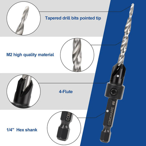 Heavy Duty Countersink Drill Bits Set Built Tough For Wood And Metal With Carbide Tips, featuring 4-flute tapered M2 drill bit.