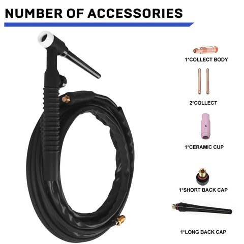 Flexible 13 Foot Air Cooled TIG Welding Torch With WP17FV Head, shown with accessories including short and long back caps, collct, and ceramic cup