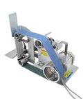 Heavy Duty 915X50mm Belt Sander With Rugged Steel Frame And A Kickass 750 Watt Servo Motor featuring blue sanding belt and metal frame.