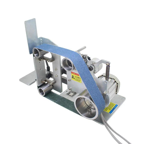 Heavy Duty 915X50mm Belt Sander With Rugged Steel Frame And A Kickass 750 Watt Servo Motor featuring blue sanding belt and metal frame.