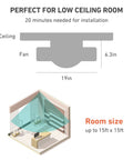 Installation diagram for 16 Inch Flush Mount Ceiling Fan with Light, highlighting size and room fit up to 15ft x 15ft.